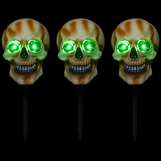 Northlight LED Lighted Skeleton Head Halloween Outdoor Pathway Markers with Sound - 15" - Set of 3 White {4}
