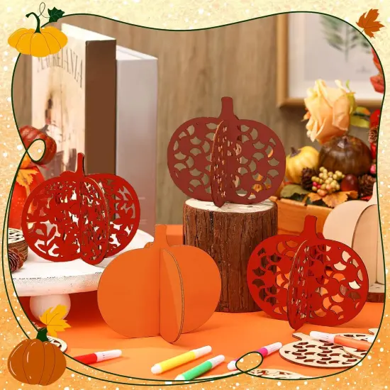 48 Pcs Fall Craft Set 36 Wood Pumpkin Crafts 3D Pumpkin Cutouts with 12 Colored Markers {5}