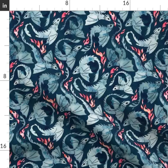 Various Fabrics by the Yard or Fat Quarter Dragon Fire Dark Blue Small Fantasy Watercolor Scarlet Flying Custom Printed Fabric by Spoonflower {2}