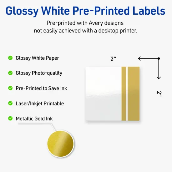 Avery Printable Square Labels, Gold Double-Dipped Edge, 2" x 2", Glossy White Square Labels, Permanent, Laser/Inkjet, 120ct, Great for Product Labels {2}