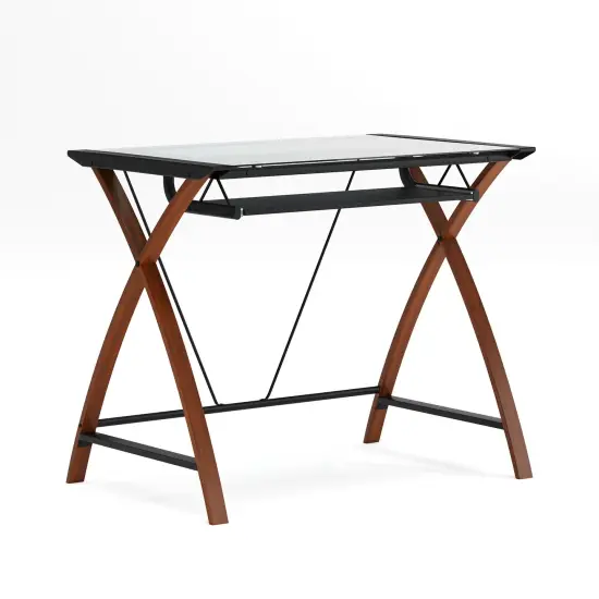 Emma and Oliver Glass Computer Desk-Pull-Out Keyboard Tray & Crisscross Frame ClearTop/CherryFrame {2}