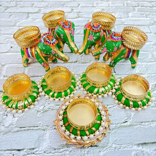 Elephant Tealight Rangoli Candle Holders Festival of Light Decorative Candle Stand for Diwali Christmas Thanksgiving Housewarming Gift T-light Holder for Centerpiece Dining Table Home Decor GREEN {6}