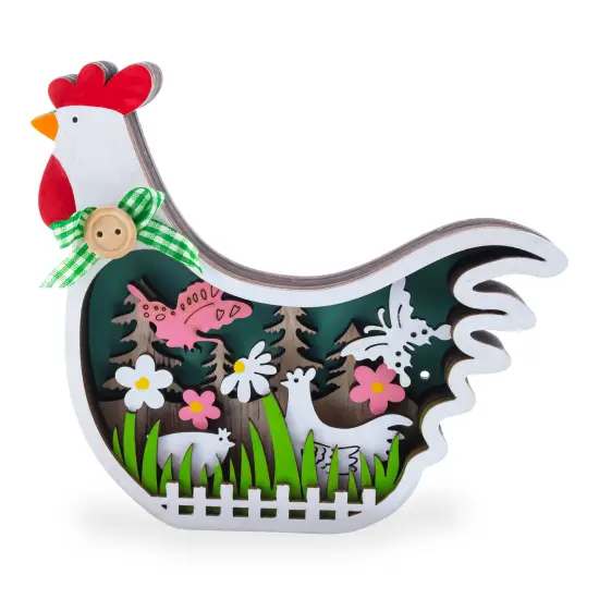 Chicken Shape Spring Garden with Butterflies and Chicks Wooden Figurine {1}
