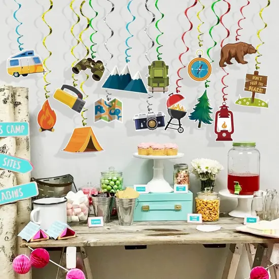Camping Hanging Swirl Party Decorations 30 Pack Foil Ceiling Hanging Streams Party Supplies Banner Decor for Kids Camping Adventure Bear Birthday Celebrating Party Events Baby Shower Room Wall Decor {2}