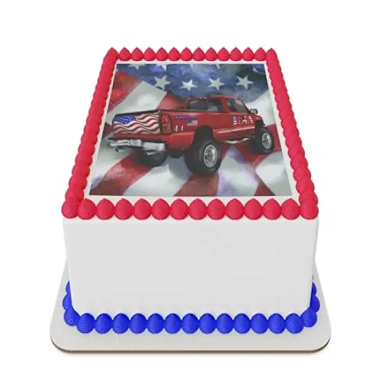Patrotic truck with flag Edible Icing Sheet cake topper for 1/4 Sheet cake or larger {1}