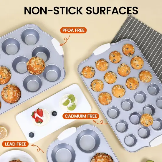 Muffin Pan Set - 12-Cup and 24-Cup Mini With Heat-Resistant Handles, Healthy Nonstick Coating, PFOA & PFAS-Free for Homemade Cupcakes, Oven and Dishwasher Safe - Set of 2 {3}
