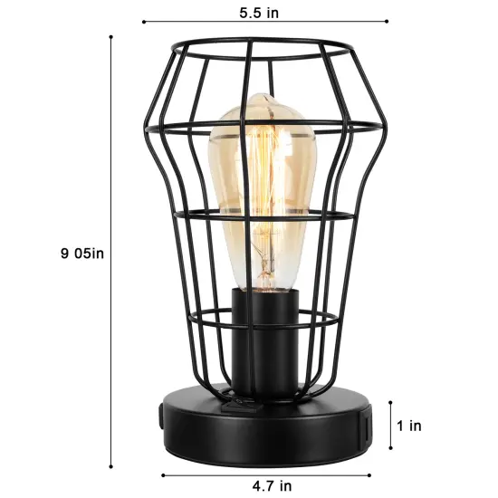 2PCS Industrial Cage Desk Lamps Vintage Table Lamps with Dual USB Ports & AC Outlet, UL-Certified Steampunk Bedside Lights for Office, Bedroom, or Gift {2}