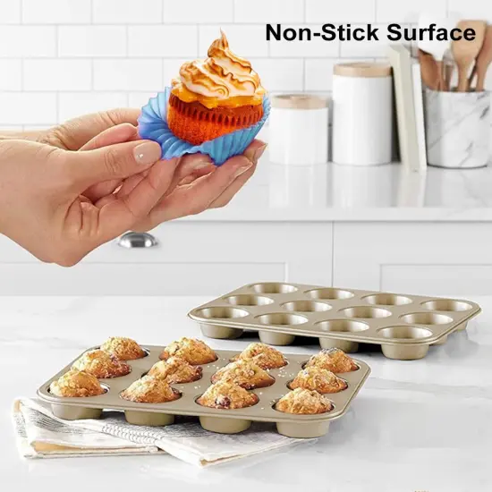 Muffin Pan, Cupcake Pan, Set of 2, 12-Cup Muffin Tin, Non-Stick Bakeware, Easy to Release and Clean, Baking Molds, Muffin Tray, Molds for Homemade Cupcakes & Muffins (Gold) {2}