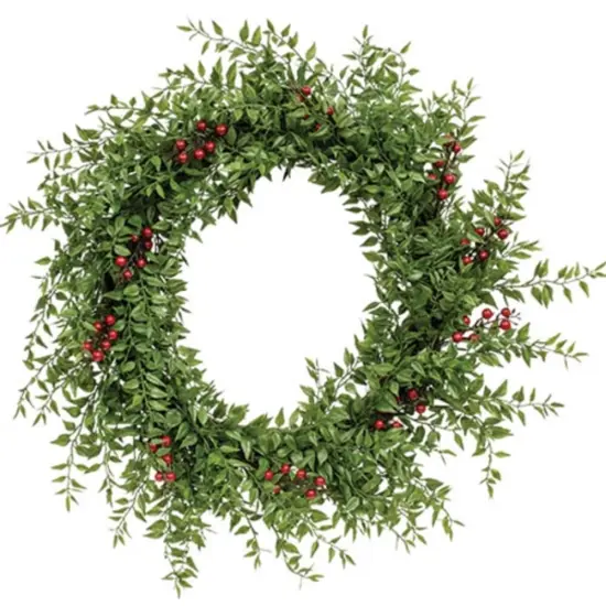 Red Berry Ruscus Wreath with Twig Base for Christmas Front Door Decor {1}
