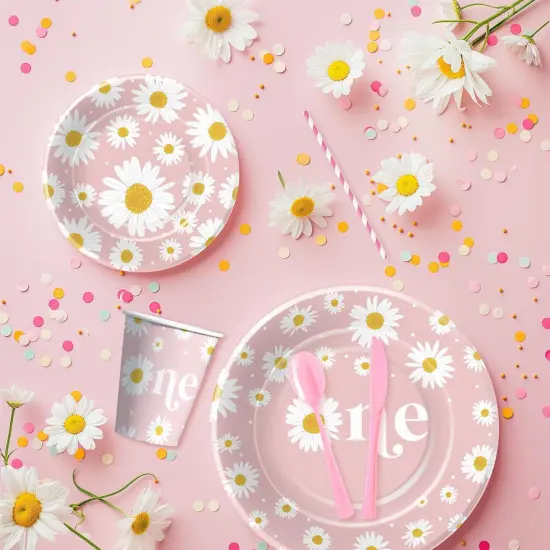 Daisy 1st Birthday Decorations Party Tableware Set, Groovy Retro Floral Daisy First Birthday Party Supplies, Paper Plate, Napkin, Cup, Tablecloth, Disposable Cutlery | Serves 24 {4}
