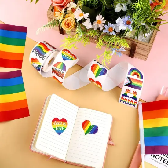 500 Pieces LGBTQ Pride Stickers Roll 8 Design Gay Pride Decal Stickers Self-Adhesive Rainbow Stripe Heart Stickers for Parades and Events {2}