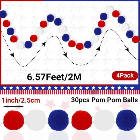 4 Pack 26.3 Feet 4th of July Pom Pom Garland Decorations, Red White Blue 30 Balls Independence Day Felt Ball Garland Patriotic Hanging Supplies for Memorial Day Labor Day Party Home Decor {3}