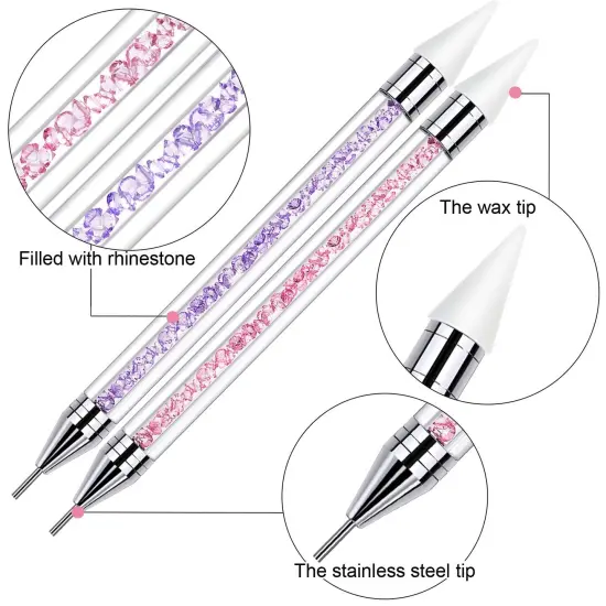 2 PCS Rhinestone Picker Dotting Pen, Dual-ended Rhinestone Gems Crystals Studs Picker Wax Pencil Pen Crystal Beads Handle Manicure Nail Art DIY Decoration Tool (Pink Purple) {1}