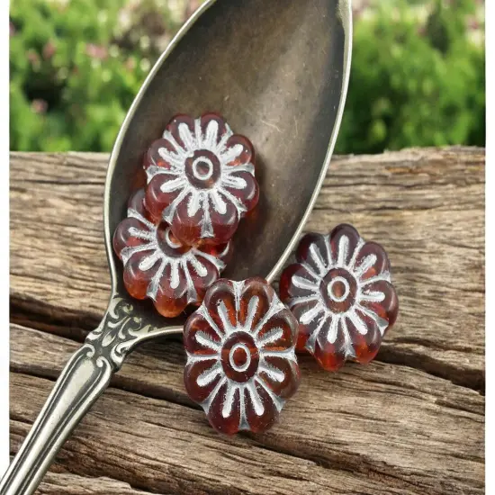 *6* 18mm Silver Washed Ruby Red Daisy Flower Beads {1}