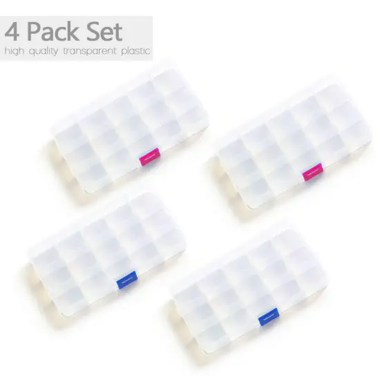 4 Pck Jewelry Organizer, SMALL Transparent Plastic Bead Organizers(15 grids) with Movable Dividers Earring Storage Containers Bead Holders, Size 6.9&times;3.9&times;0.9in {1}