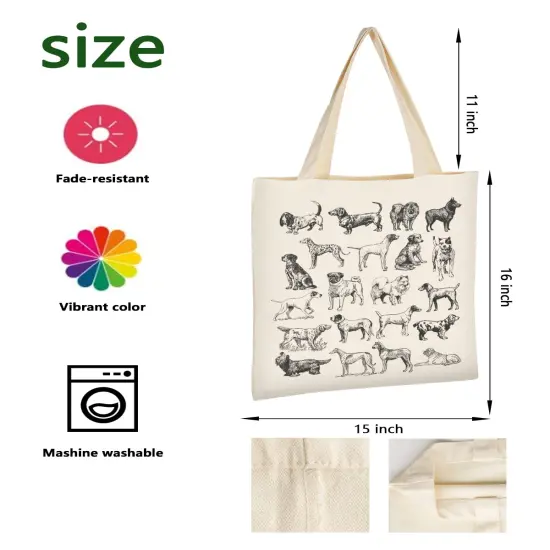 1 Pack Canvas Tote Bag Aesthetic for Women, Cute Trendy Dog Hand Drawn Reusable Cloth Cotton Bags with Handle for Grocery College Shopping Beach {1}
