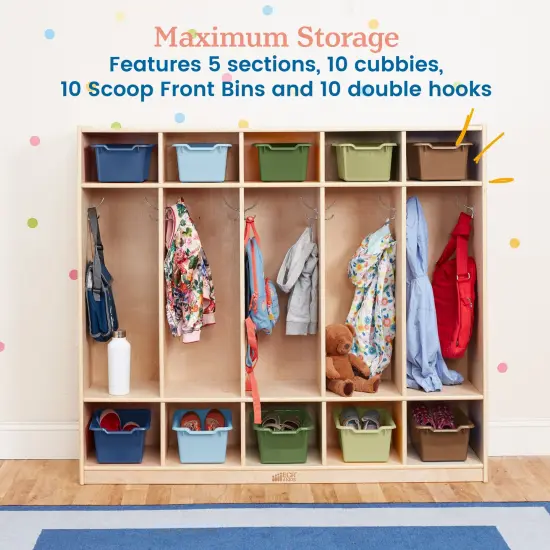 5-Section Coat Locker with 10 Scoop Front Storage Bins, Natural Earthtone {5}