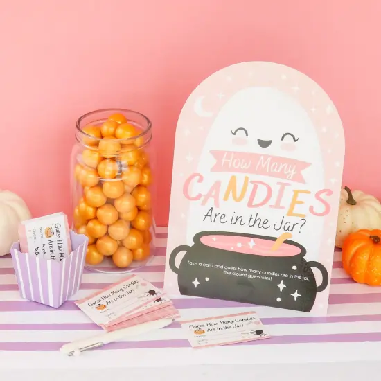 Big Dot of Happiness Pastel Halloween - How Many Candies Pink Pumpkin Party Game - 1 Stand and 40 Cards - Candy Guessing Game {3}