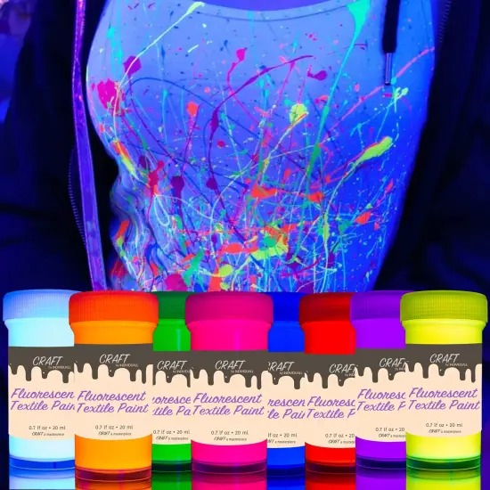 8 Colors Craft Textile & Fabric UV Paint - Fabric Neon Black Light Paints - Fluorescent Clothing Colors &ndash; Vibrant Glowing Paints - 8 x 20 ml / 0.7 fl oz {1}