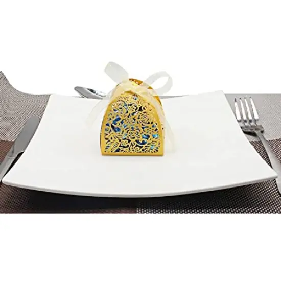 70 Pieces Laser Cut Rose Candy Boxes, Favor Boxes 2.5"x 2.5"x 3.1", Gift Boxes for Bridal Shower Anniverary Birthday Party Wedding Favor (Gold) {6}