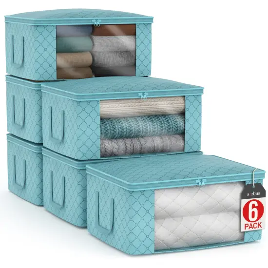 Sorbus Medium Clothes Storage Bags 6 Pack - Foldable Blanket Organizer Bins with Window, Lids, and Handles Aqua {1}