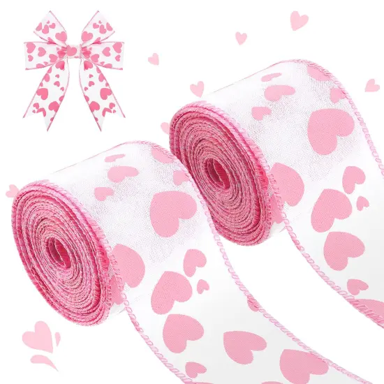 2 Rolls 12 Yards Valentine's Day Burlap Wired Ribbon Heart Printed Love Ribbon Edge Ribbon 2.5 Inch Patterned Hearts for Favor Wrapping Wreaths Craft Prensent Wrapping Decorative Bow (Pink and White) {1}