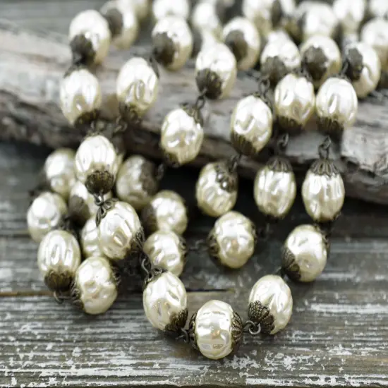 10mm Czech Glass Cream Baroque Pearl Chain with Bronze Caps -- Sold By The Foot {5}
