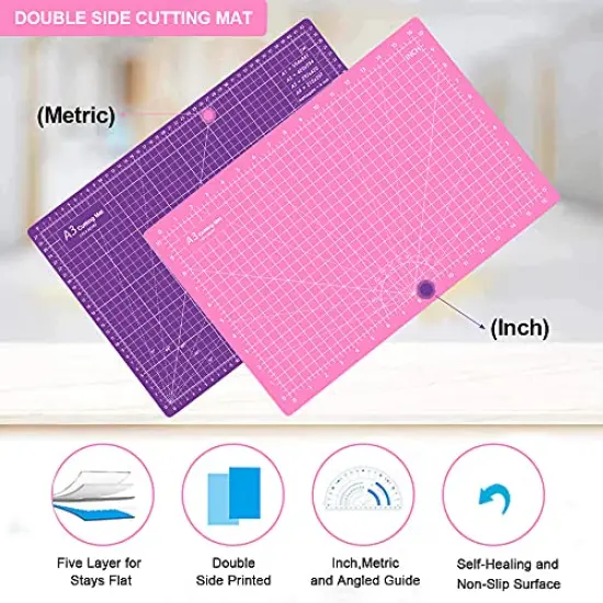 18"x12" Thickened Self Healing Cutting Mat, A3 Rotary Cutting Sewing Mat for Crafts, Double Sided 5-Ply Table Cutting Board for Fabric Quilting Art Hobby Project, Pink/Purple {1}