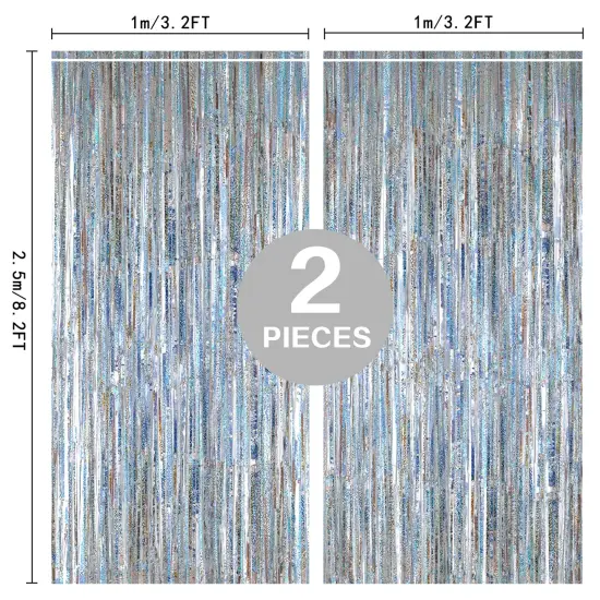 2 Pack 3.2ft x 8.2ft Silver Metallic Tinsel Foil Fringe Curtains, Door Streamer Photo Booth Backdrop for Birthday Graduation Engagement Bridal Shower Bachelorette Baby Shower Party Decorations {1}
