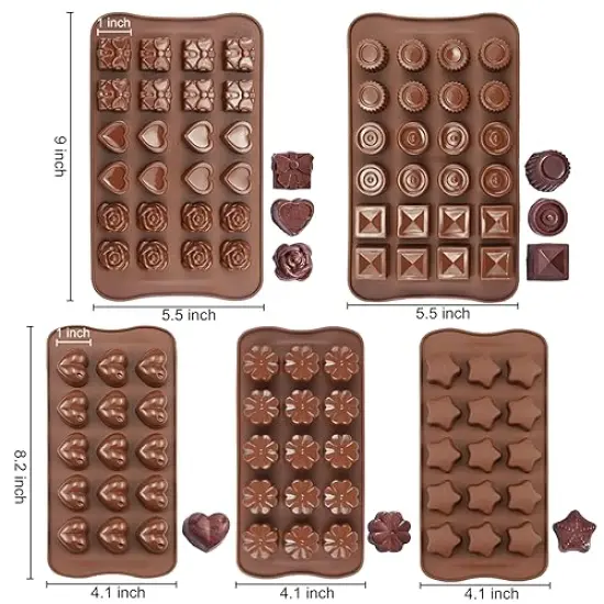 5 Pieces Silicone Chocolate Molds for Fat Bombs Snacks & Truffles, 93-Cavity Caramel Hard Candy Mold (Square, Round, Heart, Star, Flower Shapes) {1}