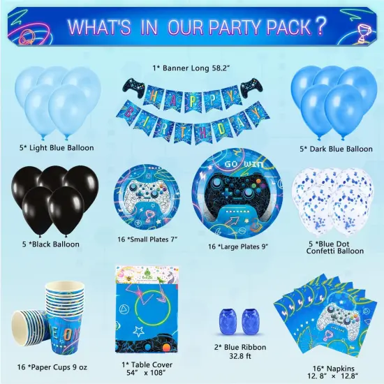 88 Pieces Gamer Birthday Party Decorations for Kids Boys Family Gaming Night Tableware Set Happy Birthday Banner Tablecloth Plates Napkins Cups Balloons Serves 16 Guests {1}
