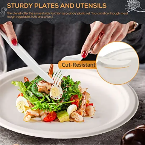 250 Pieces Compostable Paper Plates Disposable Plates Heavy-Duty Paper Plates Biodegradable White Plates for Party Sugarcane Plates Cornstarch Forks Knives Spoons for 50 Guests {4}