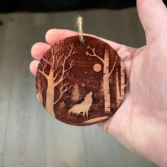 Winter Wolf - Raw Cedar Ornament 3x3in {3}