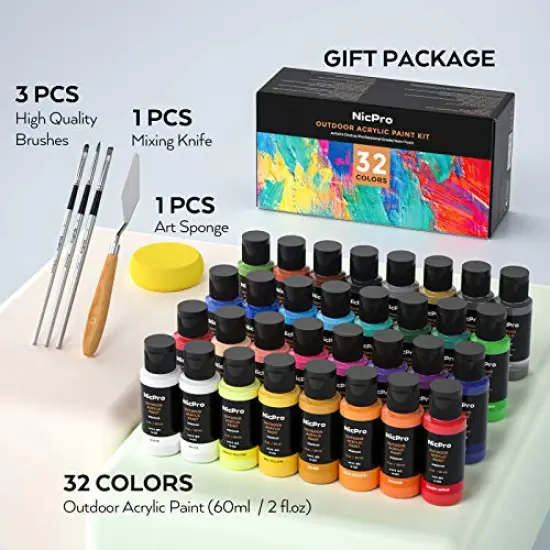 32 Colors Outdoor Acrylic Paint Bulk with Brush and Sponge, Knife, Non-Toxic Paint for Multi-surface Rock, Wood, Fabric, Leather, Crafts, Canvas, Shoes and Wall Painting {1}