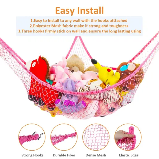 Jumbo Toy Hammock Stuffed Animals and Toy Storage Hammock Net 70" Wall Sling Corner Extra Large Kids Children Mesh Toy Net Organizer Pink {1}
