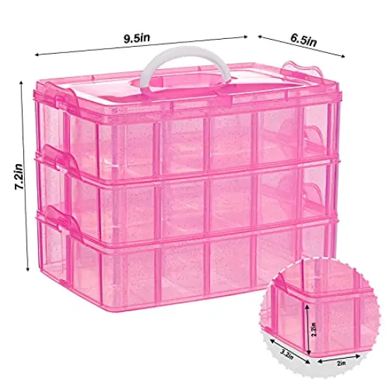 3-Tier Pink Craft Storage Container, Stackable Organizer Box with Dividers for Art Supplies, Beads, Washi Tapes, Seed, Hair Accessories, Nail, 9.5X6.5X7.2in {1}