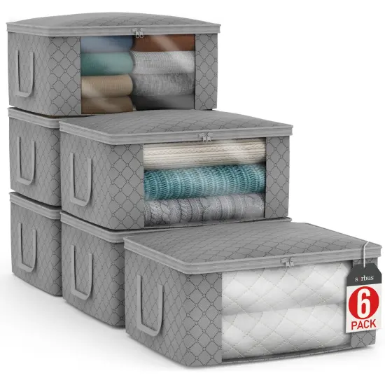 Sorbus Medium Clothes Storage Bags 6 Pack - Foldable Blanket Organizer Bins with Window, Lids, and Handles Gray {1}
