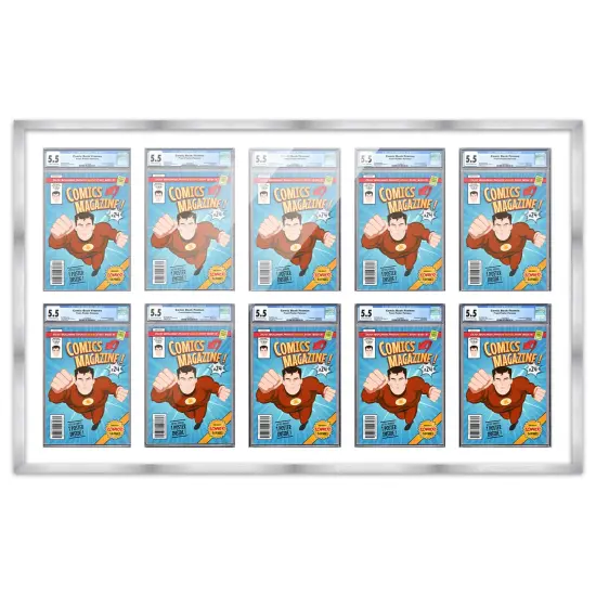 Comic Book Frame with Mat for 10 Graded Comics - Silver Wood Comic Frame With White Mat for 8.125x13 Comics - 44x28.25 Frame Size {1}