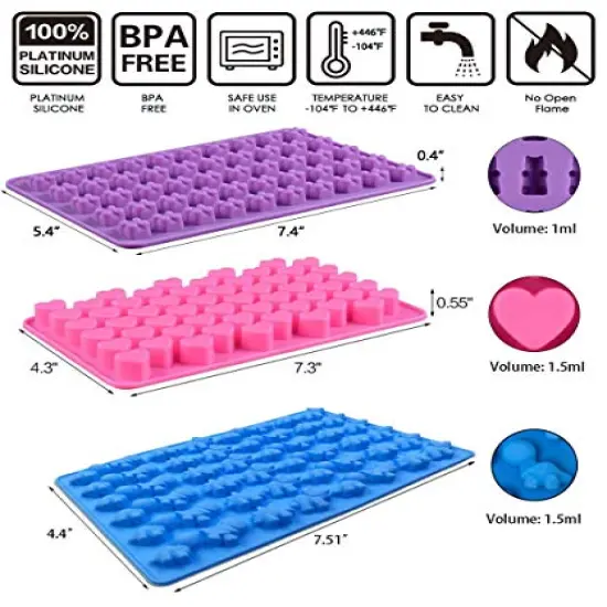 3 Pieces Silicone Chocolate Molds, Reusable Candy Baking Mold Ice Cube Trays Candies Making Supplies with 2 Droppers, Nonstick Silicone Gummy Molds Including Mini Dinosaur, Hearts, Bear Shape {1}