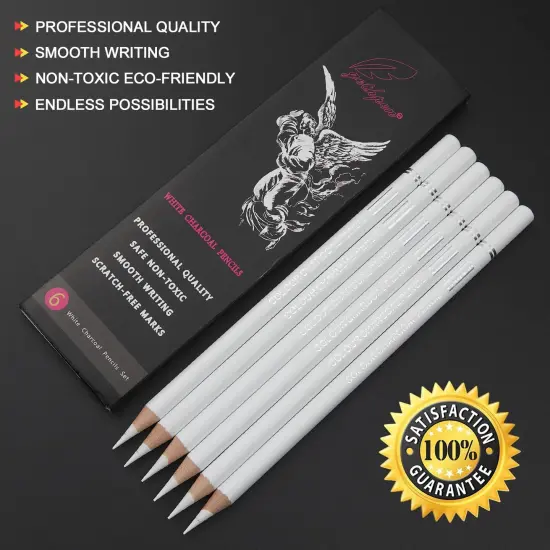 6 Pieces Professional White Charcoal Pencils Set -Sketch Highlight White Pencils for Drawing, Sketching, Shading, Blending, White Chalk Pencils for Beginners & Artists {1}