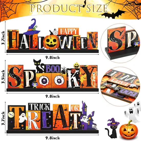 3 PCS Halloween Table Decorations Pumpkin Table Centerpiece Boo Spooky Wood Sign Trick or Treat Witch Hat Table Decor for Halloween Table Party Living Room Kitchen Office Bar Decorations {1}
