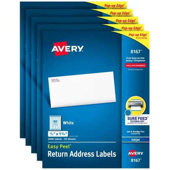 Avery Easy Peel Return Address Labels, Sure Feed Technology, Permanent Adhesive, 1/2" x 1-3/4", 2,000 Labels (8167) - 5 Pack {1}