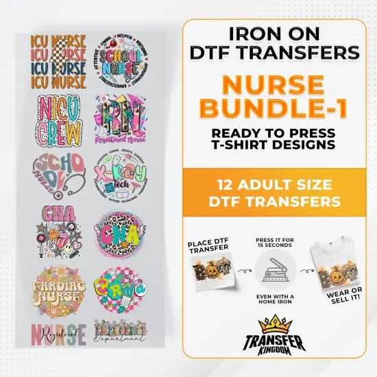 Nurse Bundle Iron on DTF Transfer Bundle 1 - 12 Best Seller Ready To Press T-shirt Designs {1}