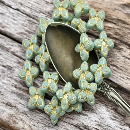 *10* 17mm Bronze Washed Matte Light Turquoise 4 Petal Lily Flower Beads {4}
