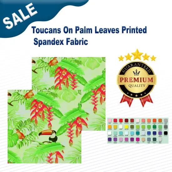 Toucans On Palm Leaves Printed Spandex Fabric Multicolor {2}