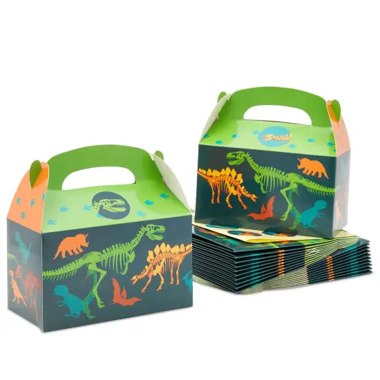 24 Pack Dinosaur Treat Boxes with Handle and Stickers - Dino Party Favors for Kids' Birthday Supplies (3.62 x 6.25 x 3.5 in) Green {6}