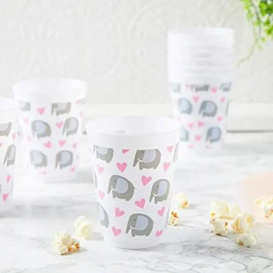 16 oz Plastic Tumbler Cups, Elephant Baby Shower Decorations for Girl (16 Pack) White {4}