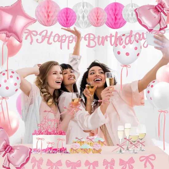 Pink Bow Party Decorations, 47 Pcs Coquette Birthday Party Decorations, Pre-Strung Happy Birthday Banner Bow Garland for Girls Birthday Baby Shower Bridal Shower Bachelorette Party Decor {5}