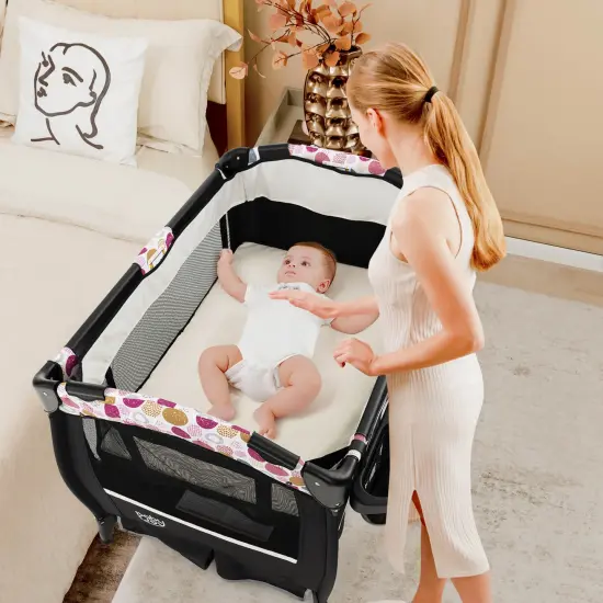 Babyjoy Pack & Play Baby Diaper Changing Table 4 in 1 Portable Foldable with Mattress Carrying Bag Black/Grey/Black+Pink {2}