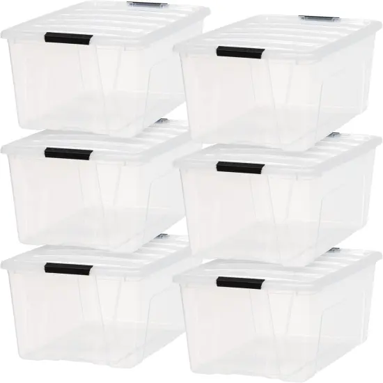 IRIS USA 72 Qt Stackable Plastic Storage Bins with Lids, 6 Pack, Latches, Durable Nestable Containers, Secure Pull Handle - Clear {1}